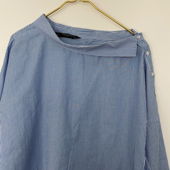 Zara Off Shoulder Button Striped Long Sleeve Top - Picture 6 of 8